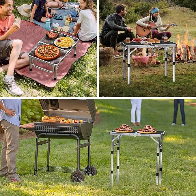 Anbte 2ft Folding Grill Table, Adjustable Height Max 27.5" Aluminum Camping Table, Heat-Resistant Tabletop, Lightweight, Portable Handle for Travel Cooking BBQ Picnic, 22.8" x 16", Silver