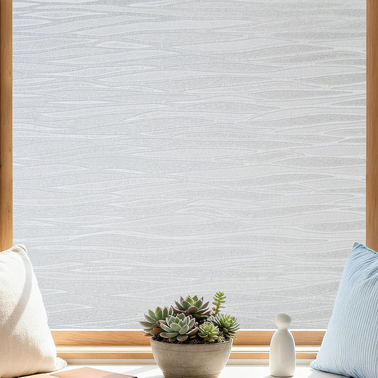 Finnez Frosted Privacy Window Film Static Cling, Non-Adhesive Decorative Cover for Glass Door & Windows, No Glue Removable Clings UV Blocking Waves Design for Home Office 23.6 x 78.7 Inches