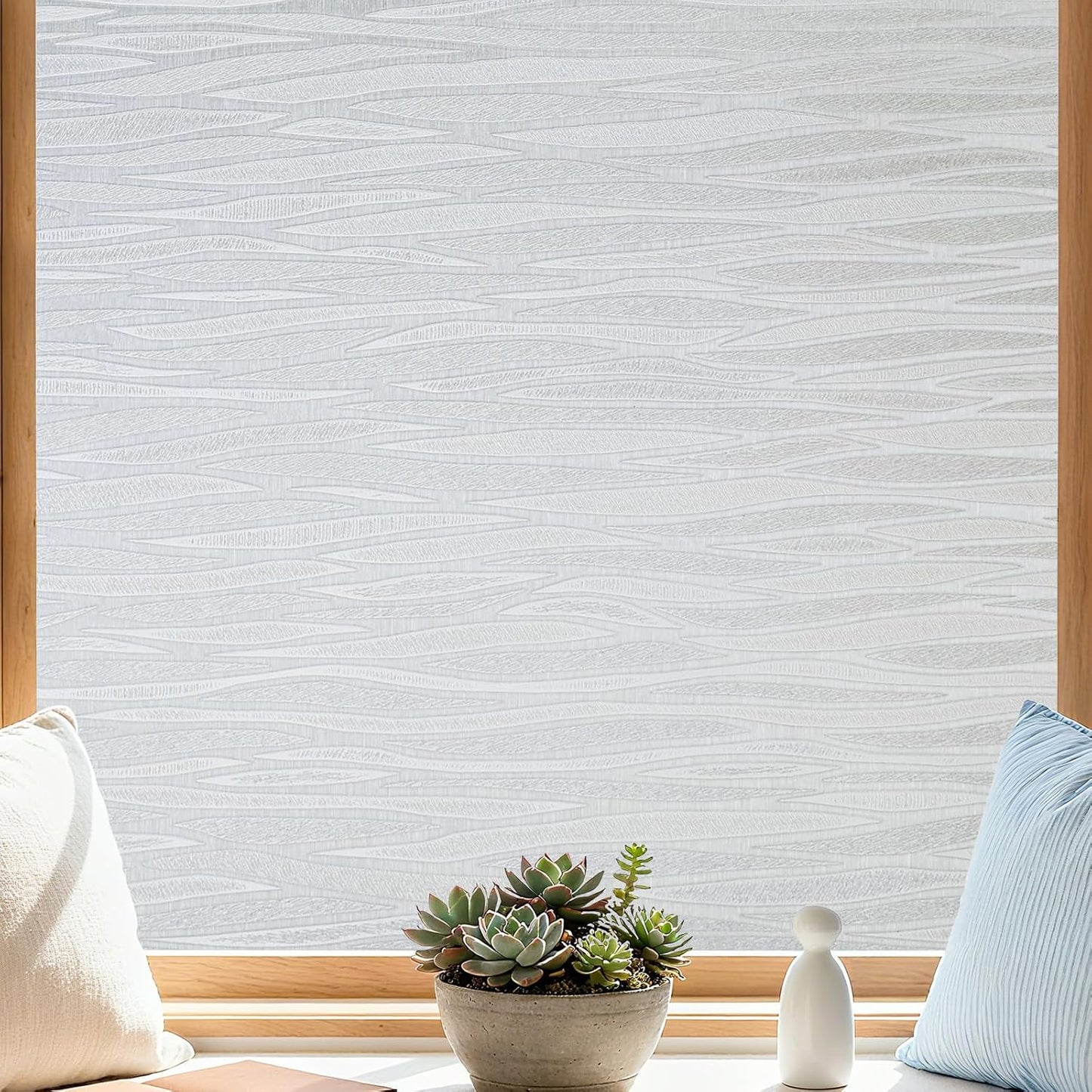 Finnez Frosted Privacy Window Film Static Cling, Non-Adhesive Decorative Cover for Glass Door & Windows, No Glue Removable Clings UV Blocking Waves Design for Home Office 35.4 x 157.4 Inches