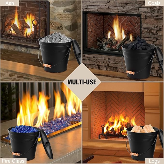 FEED GARDEN 3.5 Gallon Ash Bucket with Lid,Shovel,Broom and Screwdriver, Ash Can for Fireplace Fire Pits,Hearth,Wood Stoves,Fireplace Galvanized Iron Bucket,Pellet Charcoal BucketIndoor Outdoor，Black