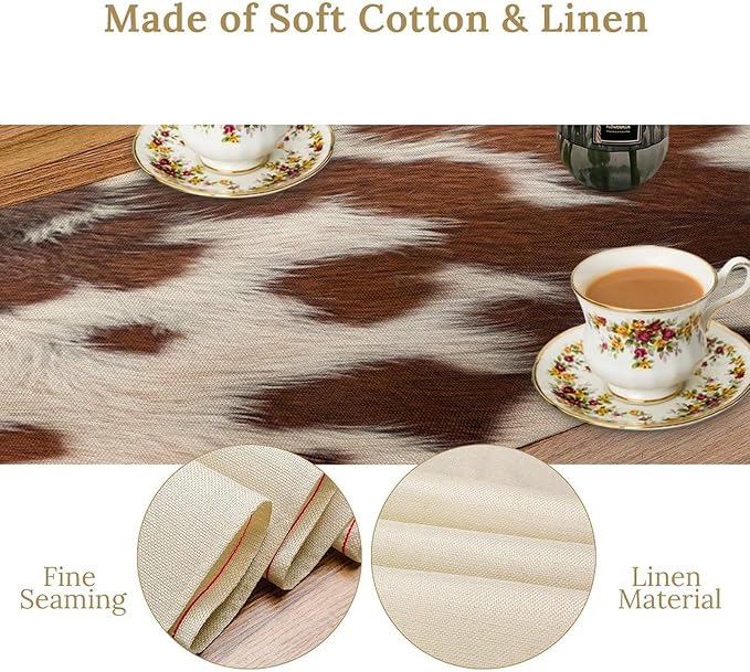 Cow Print Table Runner, Western White Brown Cowhide Rustic Coffee Table Runner for Home Kitchen Dining Room Farmhouse 13x90in