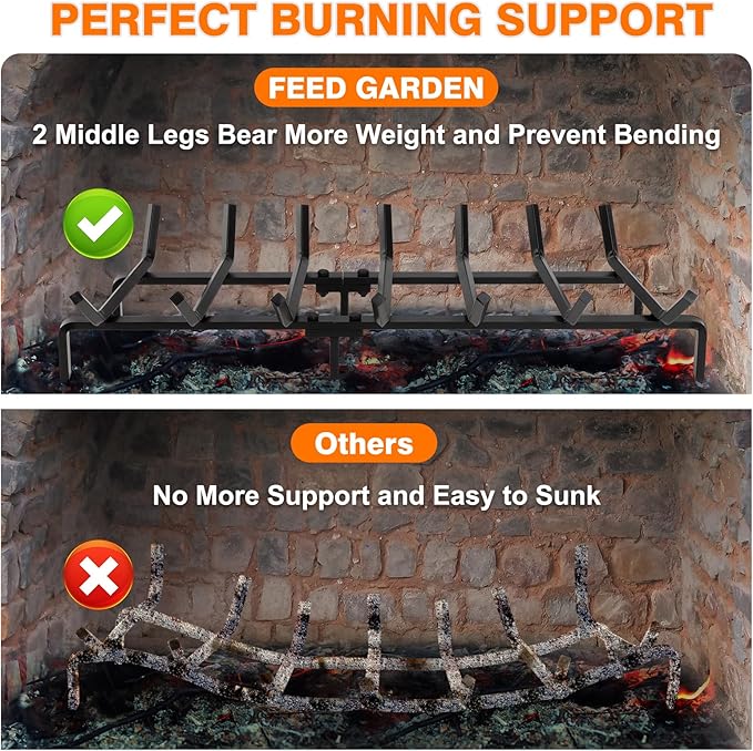 FEED GARDEN Fireplace Grate 30 inch Heavy Duty Fireplace Log Holder, 1/2" Solid Steel Bar Fire Pit Grate for Indoor Outdoor, Wood Stove Fireplace Accessories Wrought Iron Firewood Burning Rack