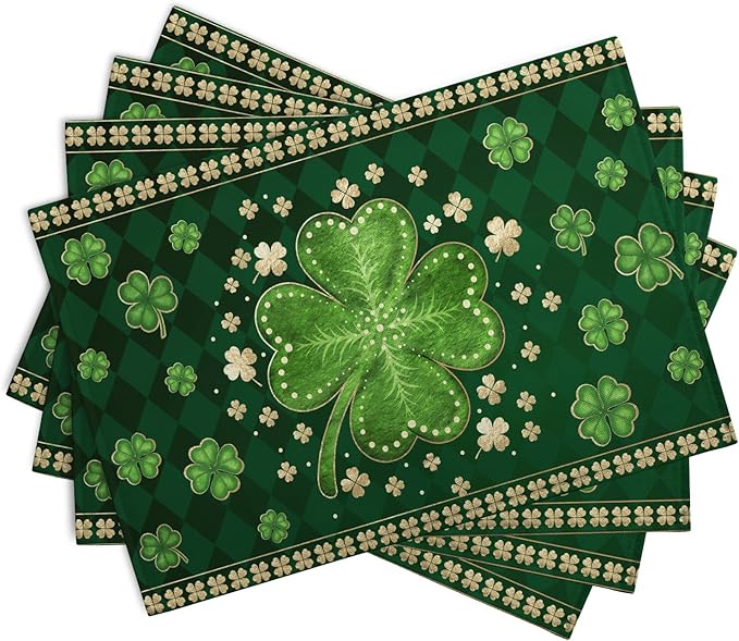 Green Shamrock St Patricks Day Placemats Set of 4 Lucky Clover Plaid Check Table Mat 12x18 Inch St. Patrick's Day Seasonal Holiday Place Mats Spring Linen Placemat for Party Kitchen Dining Decor
