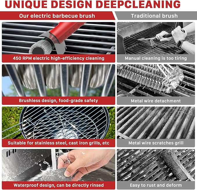 Hillyfe Grill Brush for Outdoor，Cordless Rechargeable Grill Brush with 3 Brush Heads, Grill Electric Cleaning Brushes Without Bristles, LED Light, Grill Scraper, Grilling Gifts for Men,Red