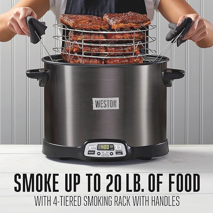 WESTON BRANDS 2-in-1 XL Programmable Slow Cooker & Electric Indoor Smoker, 10 Quart, With 3-Tier Smoking Rack for Meat, Cheese and More, Dishwasher Safe Crock, Temperature Probe, Black (03-2601-W)