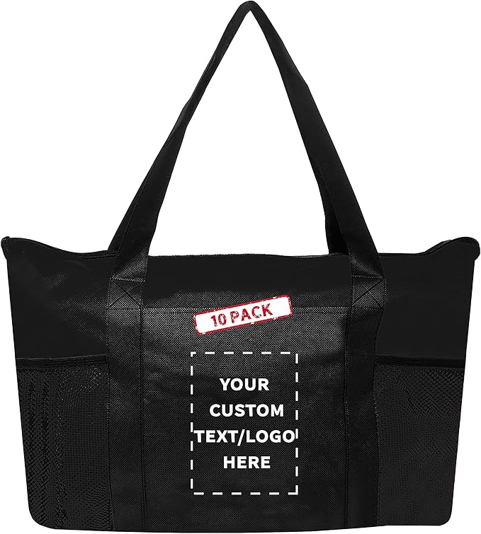DISCOUNT PROMOS 10 Zippered Non-Woven Tote Bags Set - Customizable Text, Logo - Mesh Pocket, Zippered, Recyclable, Reusable - Black - 19"X14"X3", with Zipper
