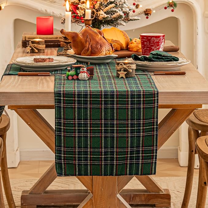 Green Blue Plaid Christmas Table Runner, Winter Holiday Table Runners 108 inches Long, Xmas Decorations Indoor Outdoor Farmhouse Home Kitchen Dining Party Decor