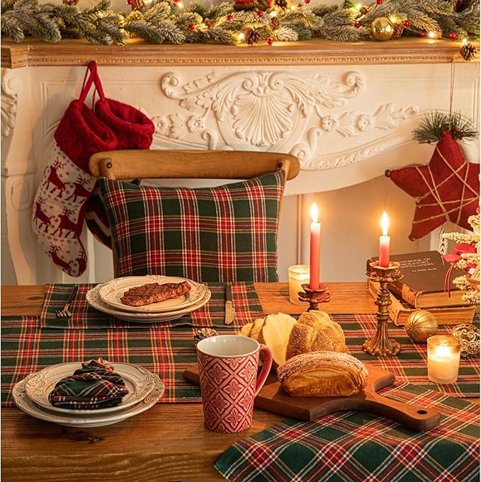 Green Red Plaid Christmas Table Runner, Winter Holiday Table Runners 90 inches Long, Xmas Decorations Indoor Outdoor Farmhouse Home Kitchen Dining Party Decor