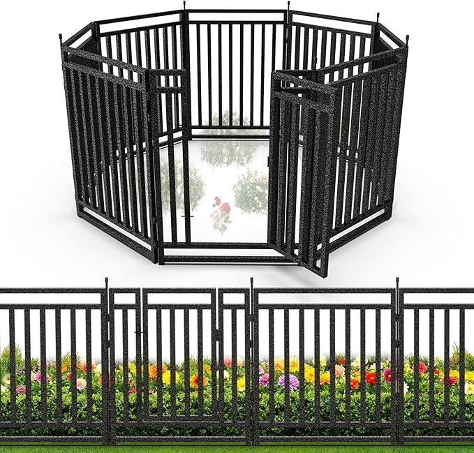 Garden Fence 40in (H) x 18ft (L), 7 Panels + 1 Gate, Durable Outdoor Yard Barrier, Secure Garden Fencing Weather-Resistant Fence Ideal for Pets, Privacy & Decoration, Black Silver