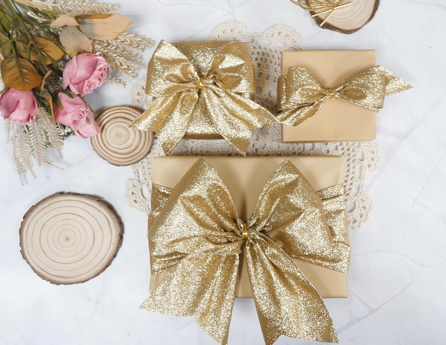 CT CRAFT LLC Glitter Wired Ribbon 6" x 10 Yards Light Gold for Christmas Home Decor Bow Gift Wrapping DIY Crafts Wreath