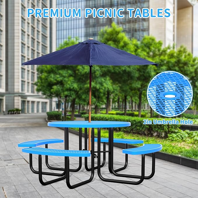 46'' Round Metal Picnic Table for Outdoors, Commercial Steel Metal Picnic Tables, Heavy Duty Sturdy Picnic Tables Furniture Set for Patio Garden Courtyard BBQ, with Umbrella Hole, Blue