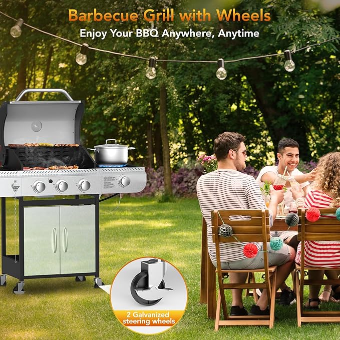 3-Burner Propane Gas BBQ Grill with Side Burner,Stainless Steel Gas Grill with Cast Iron Grates,37000 BTU Barbecue Grill, Suitable for Outdoor Cooking,Camping,Patio Backyard