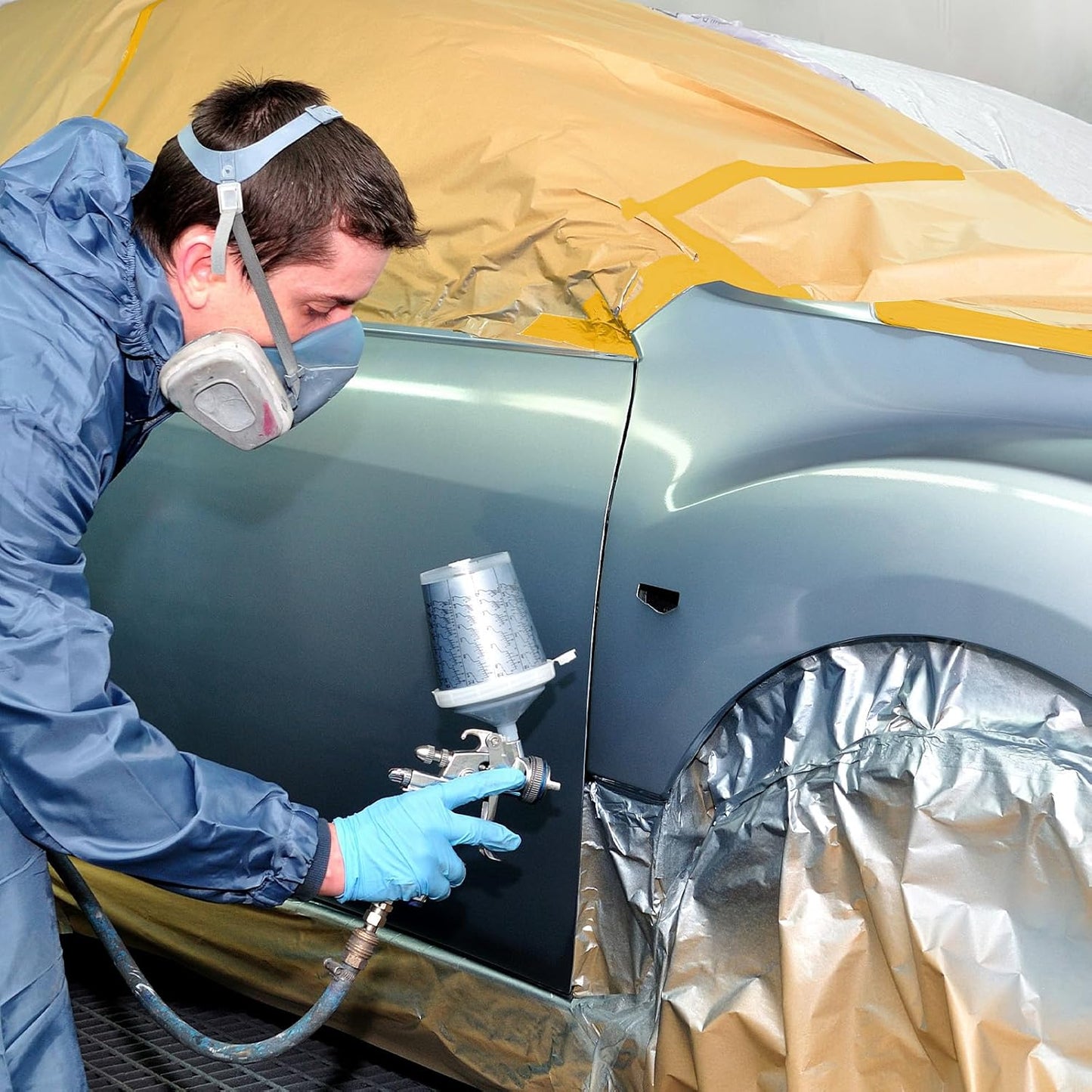 Pre-Taped Masking Paper for Painting, 2 Pack 18 inch x 66 Ft Masking Paper Roll and 1 inch x 66 Ft Masking Tape, Tape and Drape Paint Adhesive Papers for Covering Skirting, Frames, Cars and Auto Body