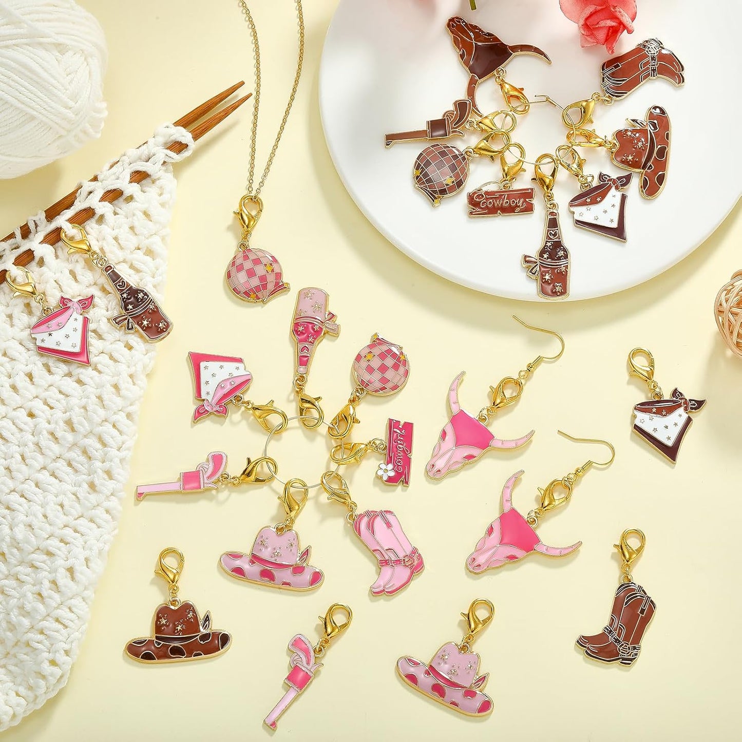 BEEFLYING 16Pcs Cowgirl Stitch Marker Charms for Crocheting and Knitting, 8 Styles Locking Pink Enemal Crochet Knit Stitch Marker Pendant with Leverback Clasp for Knitting Crocheting Accessories