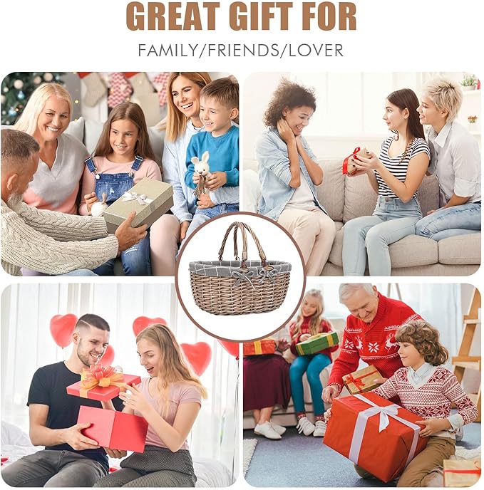 G GOOD GAIN Oval Picnic Basket with Folding Handles, Willow Hand Woven Shopping Basket, Bath Storage Gift Packing Basket, Wicker Empty Easter Eggs and Candy Small Gift Basket.GreyCheck