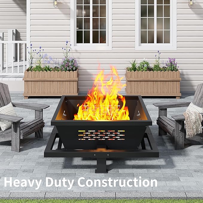 42" Large Fire Pit, Square Outdoor Fire Pit with Poker, Wood Burning FirePit for Camping, Backyard, Patio