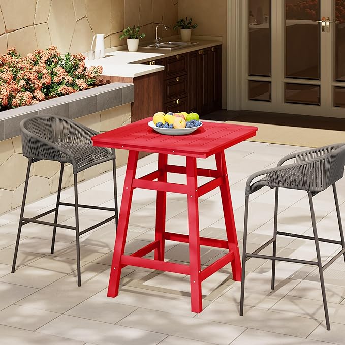 Costaelm Outdoor Bar Table, 37" Counter Height Square Patio Cocktail Bar Table with Umbrella Hole, Patio Bistro Dining Pub Table for Front Porch Deck Backyard Garden, Red