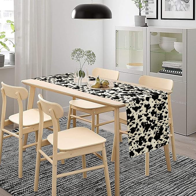 Cow Print Table Runner, Black White Animal Fur Skin Rustic Cowhide Pattern Table Runner for Kitchen Farmhouse Dining Home Outdoor Party 13x120in