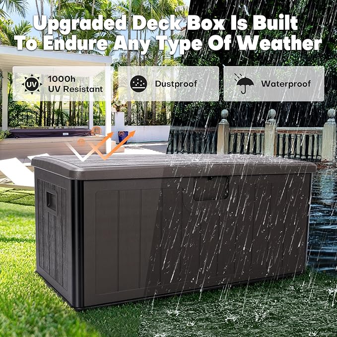 100 Gallon Deck Box, Double-Wall Construction Waterproof Outdoor Patio Storage Box, Lockable Deck Storage Bin Outdoor Storage Bench for Pool Patio Garden