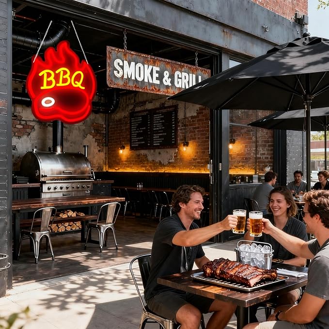 BBQ Neon Signs for Backdrop wall decor，Dimmable USB Powered,Barbecue Neon Light Up Home Party restaurant Grill Beer Bar Decoration Lights, Bright LED bbq sign (14.8"*12.2"in)