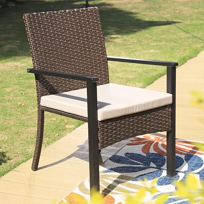 Sophia & William 5 Pieces Patio Dining Set with 9 ft Beige Patio Umbrella, Outdoor PE Rattan Chairs and Square Metal Table Set with Cushions and 1.57" Umbrella Hole for Poolside Porch Backyard