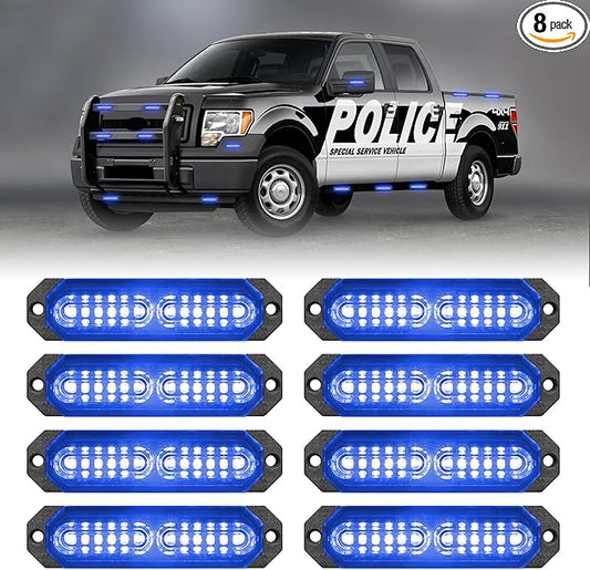 HLauto 1200T Emergency Strobe Grille Lights: 8pcs 12 LED Sync Feature Safety Warning Flashing Light, Ultra Slim Surface Mount Hazard Caution Lights for Trucks, Vehicles, Car, ATV, UTV (Blue)