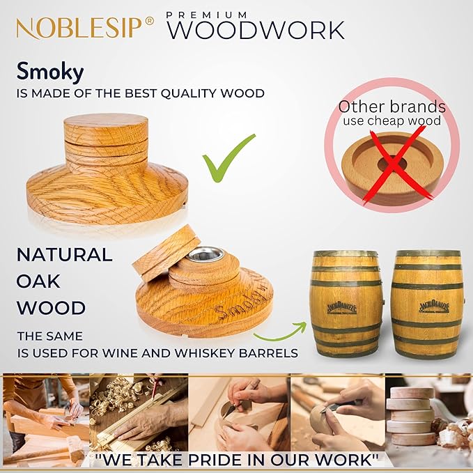 NOBLESIP® Whiskey Bourbon Smoker Kit 𝗣𝗥𝗘𝗠𝗜𝗨𝗠 Smoky bar Set. Made from Natural American Oak Wood. Easily Make The Legendary Smoked Cocktails and Old fashioneds at Home. New Year Home bar Gift!