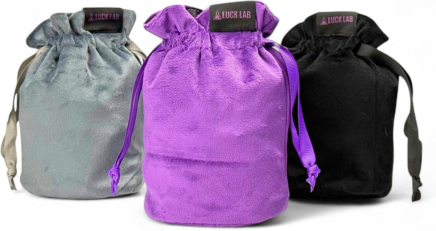 Luck Lab Velvet Drawstring Dice Bag - Set of Three Colors - Dungeons and Dragons Fabric/Standing Cotton Fabric Dice Bags/D&D Dice Pouch/Small Pouch/Velvet Jewelry Bag (Purple, Black, Grey)
