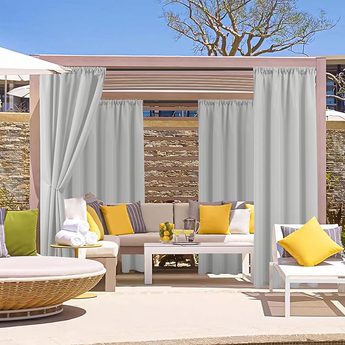 HolidayIdeas Outdoor Patio Curtains Waterproof with Rod Pocket 6 Panels 54x95 Inch- Protect Privacy & Weatherproof Balcony Outdoor Curtains for Apartments,Porch, Gazebo, Pergola, Silver Grey