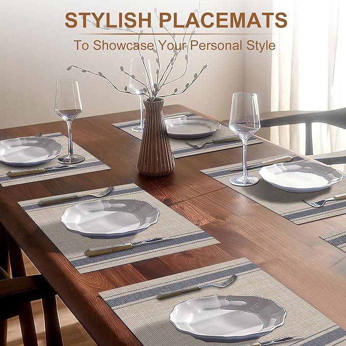 BETEAM Placemats Set of 6, Woven Vinyl Placemat for Dining Table Washable Wipeable Kitchen Place Mats Durable Indoor Outdoor Table Mats