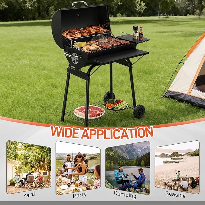 Outvita Barrel Charcoal Grill with Warming Rack, Outdoor BBQ Grill with Side Front Table with Nearly 564 Sq.In. Cooking Grid Area for Backyard Patio Picnic Parties Camping, Black