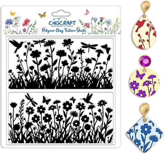 CHGCRAFT Wildflowers Silhouettes Print Pattern Clay Texture Sheet Butterflies and Hummingbirds Silicone Texture Mat DIY Tools for Polymer Clay Making Earrings Jewelry DIY Crafts 5.5 × 5.5 Inch