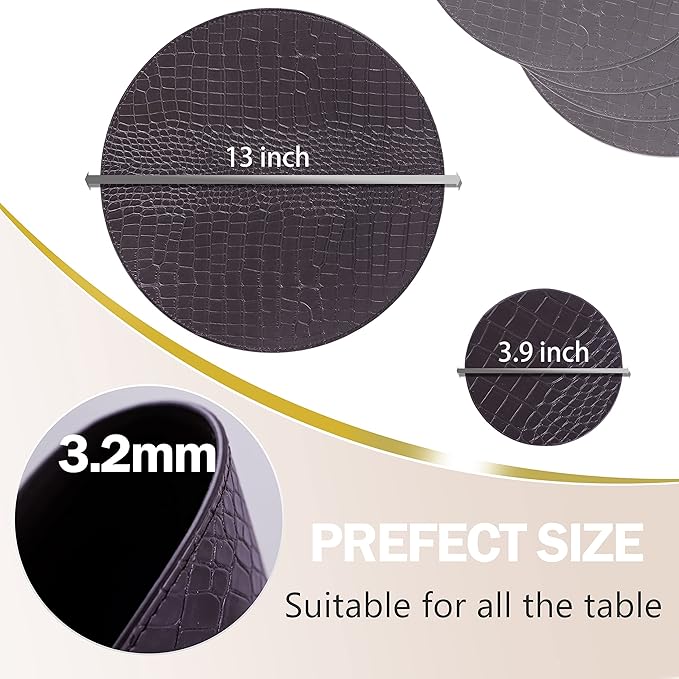 Round Leather Placemats - Placemat Set of 8, Heat Resistant and Waterproof Washable Table Runner, Kitchen Table Runner, 13" X 13" (Brown)