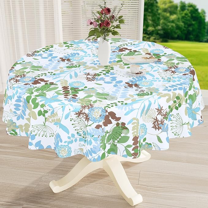 misaya Round Waterproof Vinyl Table Cloth, Wipeable Tablecloth with Flannel Backing, Plastic Table Cover for Dinner, Picnic, Indoor and Outdoor (Leaves, 60")