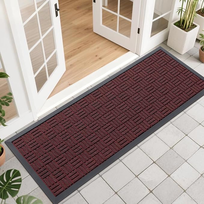 OLANLY Front Door Mat Outside Entrance 47x17, Absorbent, Heavy Duty Sturdy Natural Rubber Doormat Indoor Outdoor, Non-Slip, Stain and Fade Resistant, Low Profile Floor Mat for Entryway, Burgundy