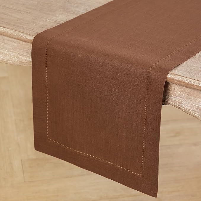 Solino Home Linen Brown Table Runner 36 Inches - Classic Hemstitch, 100% Pure Linen Coffee Table Runner 14 x 36 Inch Ideal for Dresser Tables