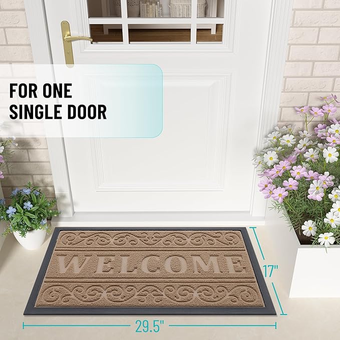 OLANLY Welcome Door Mat Indoor Outdoor Entrance, Heavy Duty Sturdy Front Door Mat, Waterproof All-Weather Doormat, Stain Resistant, Low Profile, Easy Clean Patio Entryway Mat, 29.5 x 17, Light Brown