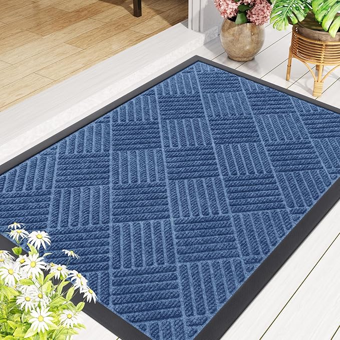 Smiry Front Door Mat Outside Entrance, Heavy Duty Outdoor Indoor Natural Rubber Doormat, Non Slip, Trap Dirt and Moisture, Easy Clean, Low Profile Patio Porch Entryway Mat, 35x23, Blue
