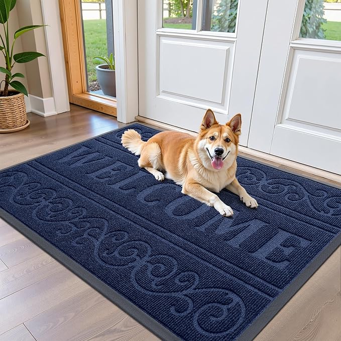 OLANLY Welcome Door Mat Indoor Outdoor Entrance, Heavy Duty Sturdy Front Door Mat, Waterproof All-Weather Doormat, Stain Resistant, Low Profile, Easy Clean Patio Entryway Mat, 47 x 32, Navy Blue