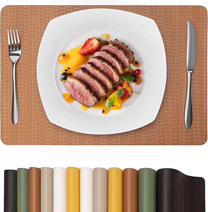 Faux Leather Placemats Set of 6 – 17x12 Inch Vinyl Table Mats, Heat Resistant, Non Slip, Wipeable & Washable, Easy to Clean Dining Table Decor for Kitchen & Dining Room（Cinnamon Brown）