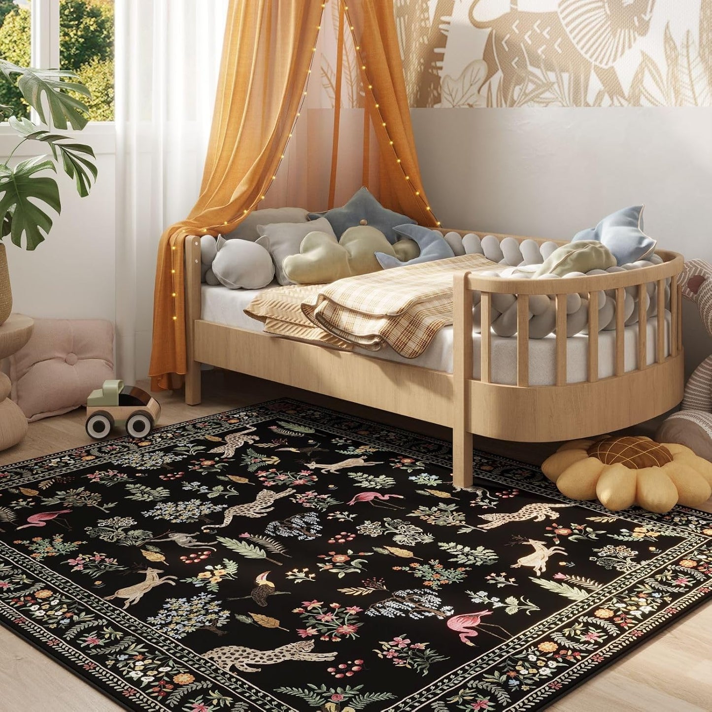 Rugcomf Area Rugs 8x10 Rug for Living Room Clearance Washable Boho Area Rug Non Slip Floral Animal Vintage Low Pile Large Rug for Living Room, Bedroom, Farmhouse, Dining Room, Kids Playroom (Black)