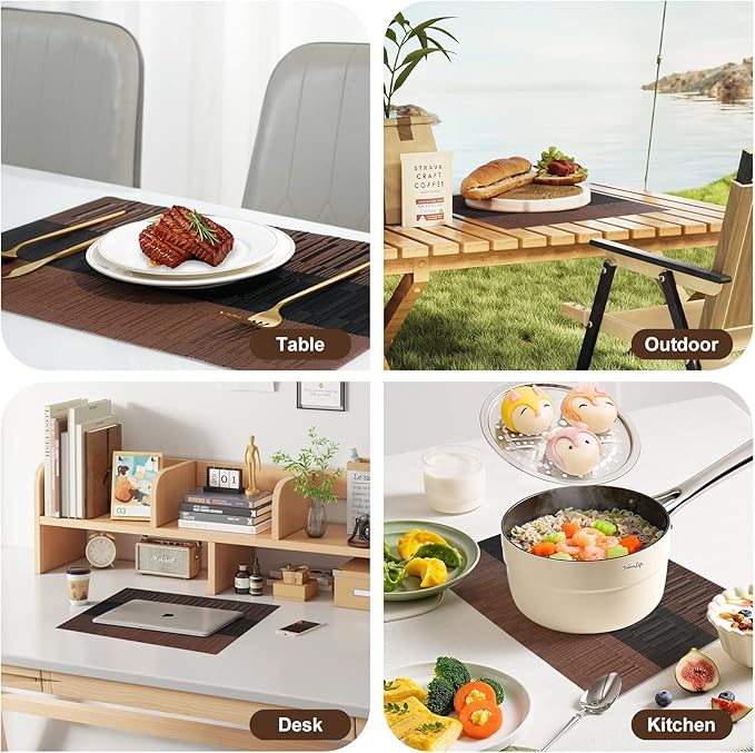 Placemats Set of 6，Non-Slip PVC Weave Table Mats Easy to Clean，Heat Resistant Place Mats for Kitchen Dining Table Decoration Indoor Outdoor，Black Brown
