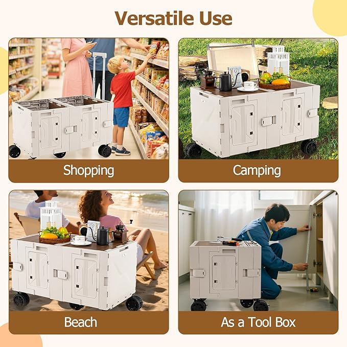 Goplus Large Foldable Utility Cart w/ 2-Tier Storage Crates, 5 Rotate Wheels, Metal Telescoping Handle, Portable Rolling Trolley Collapsible Cart for Grocery Shopping Camping & Travel