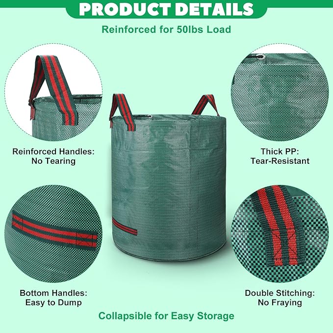 72 & 32 Gallon Reusable Yard Waste & Lawn and Leaf Bags with Handles - Tear Resistant PP Garden Trash Bags for Seasonal Cleanup, Patio, Lawn & Leaf Collection, Grass Clippings, Collapsible with Gloves