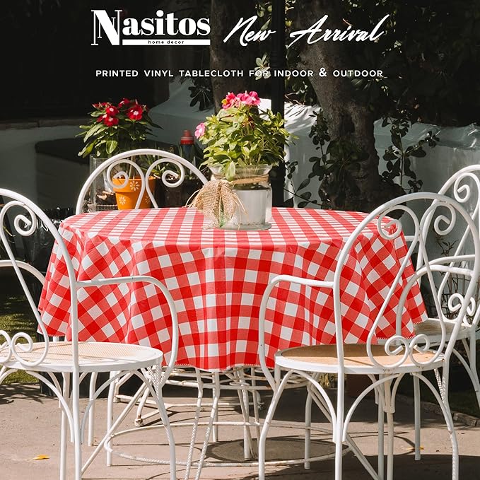 Nasitos Red and White Checkered Tablecloth 60 Inch Round for Christmas, Vinyl Tablecloth with Flannel Backing for Picnic, Round Dining Table, Outdoor Travel, 2 Pack