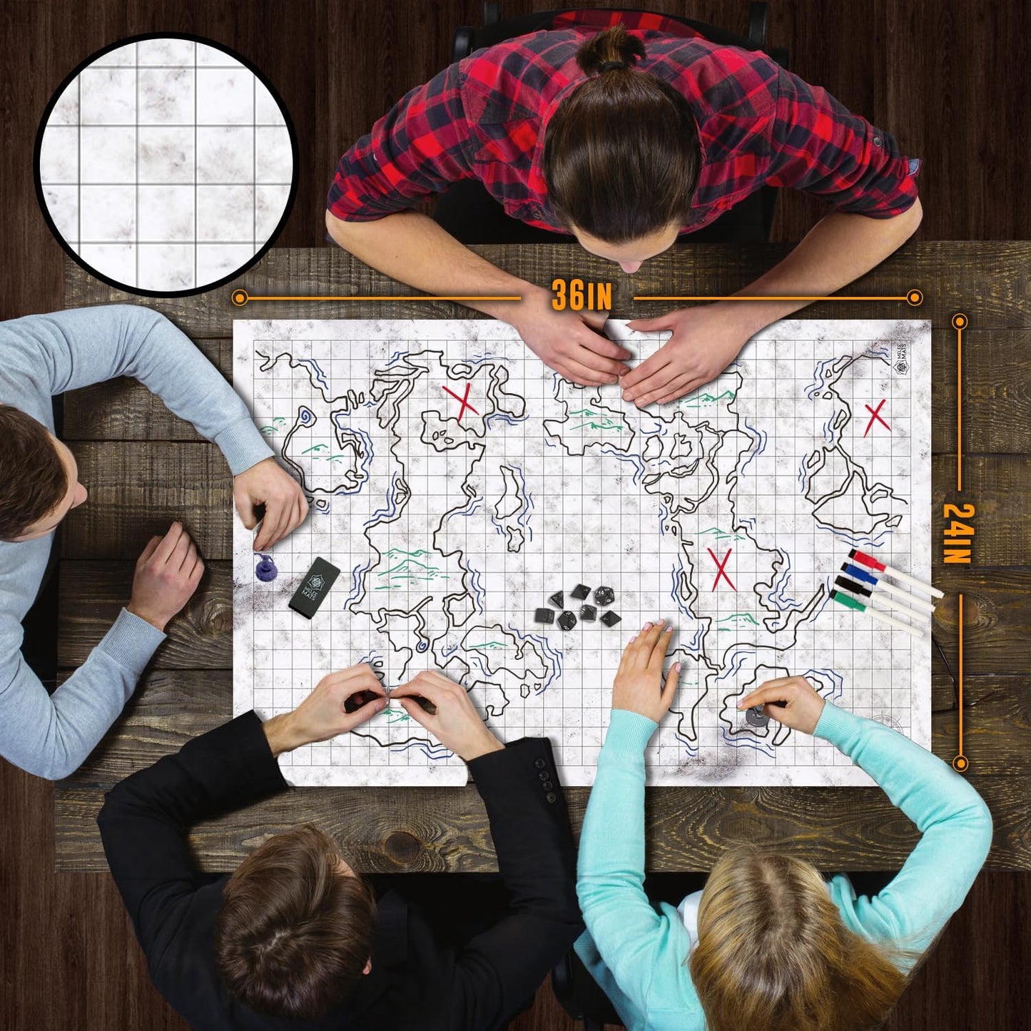 Melee Mats DND Map Starter Kit for Dungeons & Dragons Game - 24” x 36" 3 Pack Double Sided, Wet/Dry Erase Battle Terrain Grid - Ultimate Tabletop Board Gaming Experience with Accessories