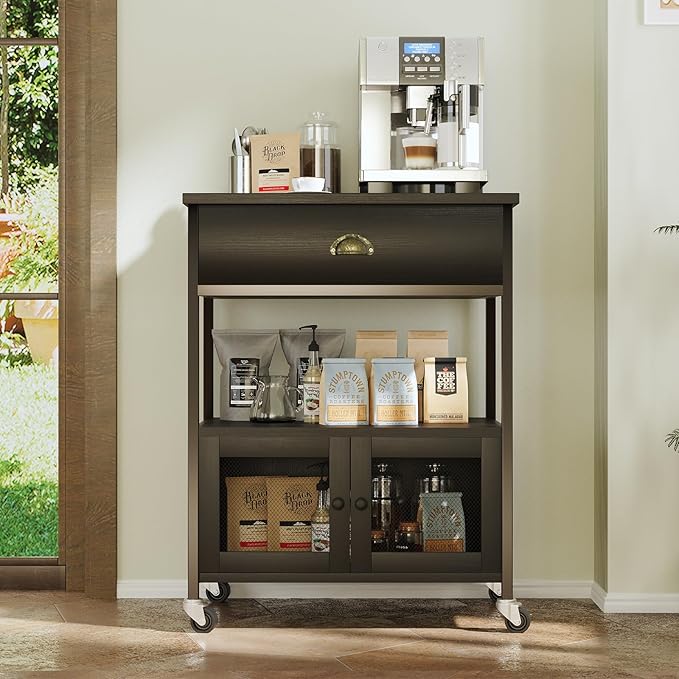 Catrimown Coffee Cart Station with Storage Drawer, Small Microwave Stand with Storage Cabinet, Coffee Stand Station, Rolling Island Cart for Living Room, Dining Room, Kitchen, Black