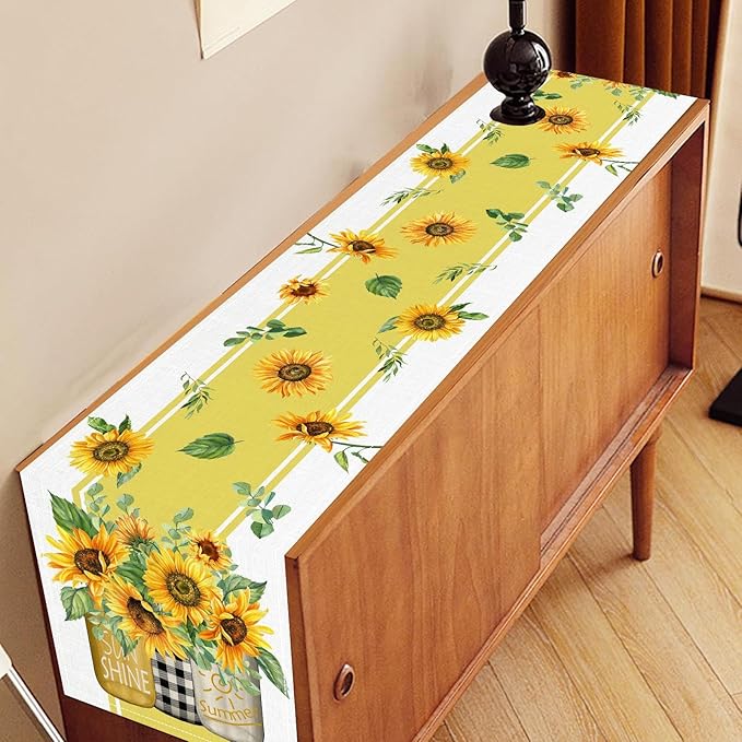 Sunflower Table Runner, Watercolor Yellow Floral Vase Spring Sunshine Summer Farmhouse Rustic Coffee Table Center Decor for Home Kitchen Dining Patio Indoor Outdoor Table Decorations, 13"x108" Inch