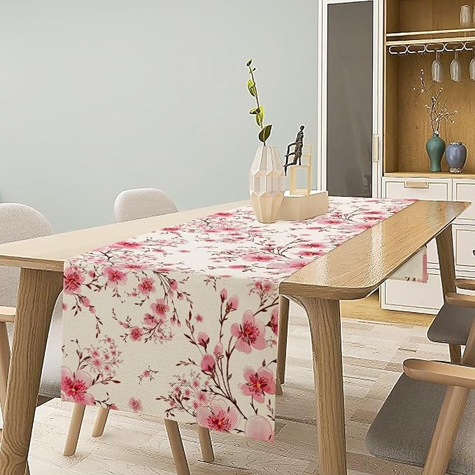 Cherry Flower Table Runner, Seasonal Spring Cherry Blossoms Branches Watercolor Floral Print Table Cover for Kitchen Dining Table Indoor Outdoor Party Decor, 13x36inch