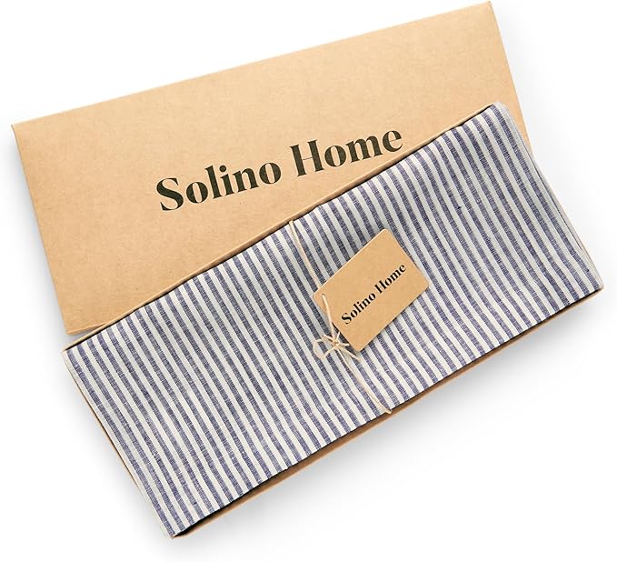 Solino Home Linen Table Runner 36 Inches - Narrow Stripe 100% Pure Linen Navy and White Table Runner 14 x 36 Inch Ideal for Dresser and Coffee Tables - Winter, Spring, Easter